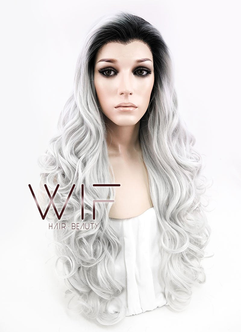 24" Long Curly Black Mixed Grey Ombre Customizable Made-To-Order Lace Front Synthetic Hair Wig LF734A