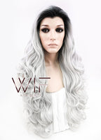 24" Long Curly Black Mixed Grey Ombre Customizable Made-To-Order Lace Front Synthetic Hair Wig LF734A