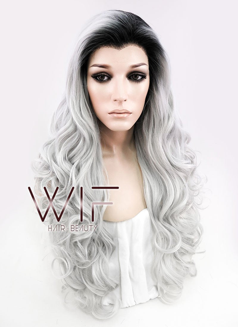 24" Long Curly Black Mixed Grey Ombre Customizable Made-To-Order Lace Front Synthetic Hair Wig LF734A