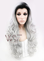 24" Long Curly Black Mixed Grey Ombre Customizable Made-To-Order Lace Front Synthetic Hair Wig LF734A
