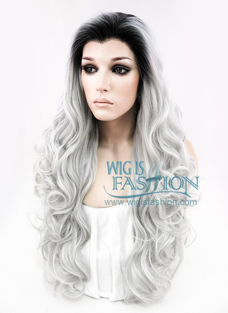 24" Long Curly Black Mixed Grey Ombre Customizable Made-To-Order Lace Front Synthetic Hair Wig LF734A