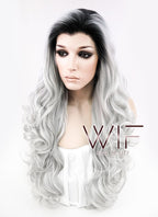 24" Long Curly Black Mixed Grey Ombre Customizable Made-To-Order Lace Front Synthetic Hair Wig LF734A