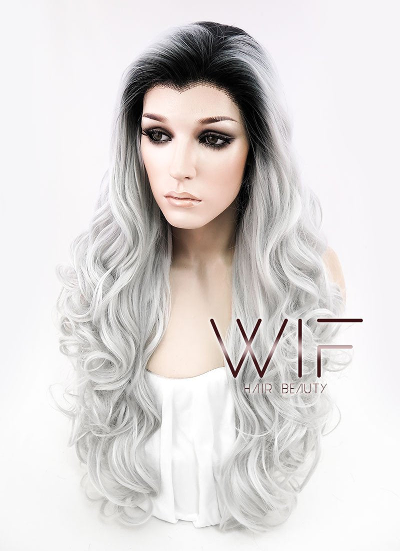 24" Long Curly Black Mixed Grey Ombre Customizable Made-To-Order Lace Front Synthetic Hair Wig LF734A