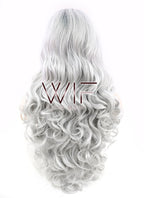 24" Long Curly Black Mixed Grey Ombre Customizable Made-To-Order Lace Front Synthetic Hair Wig LF734A