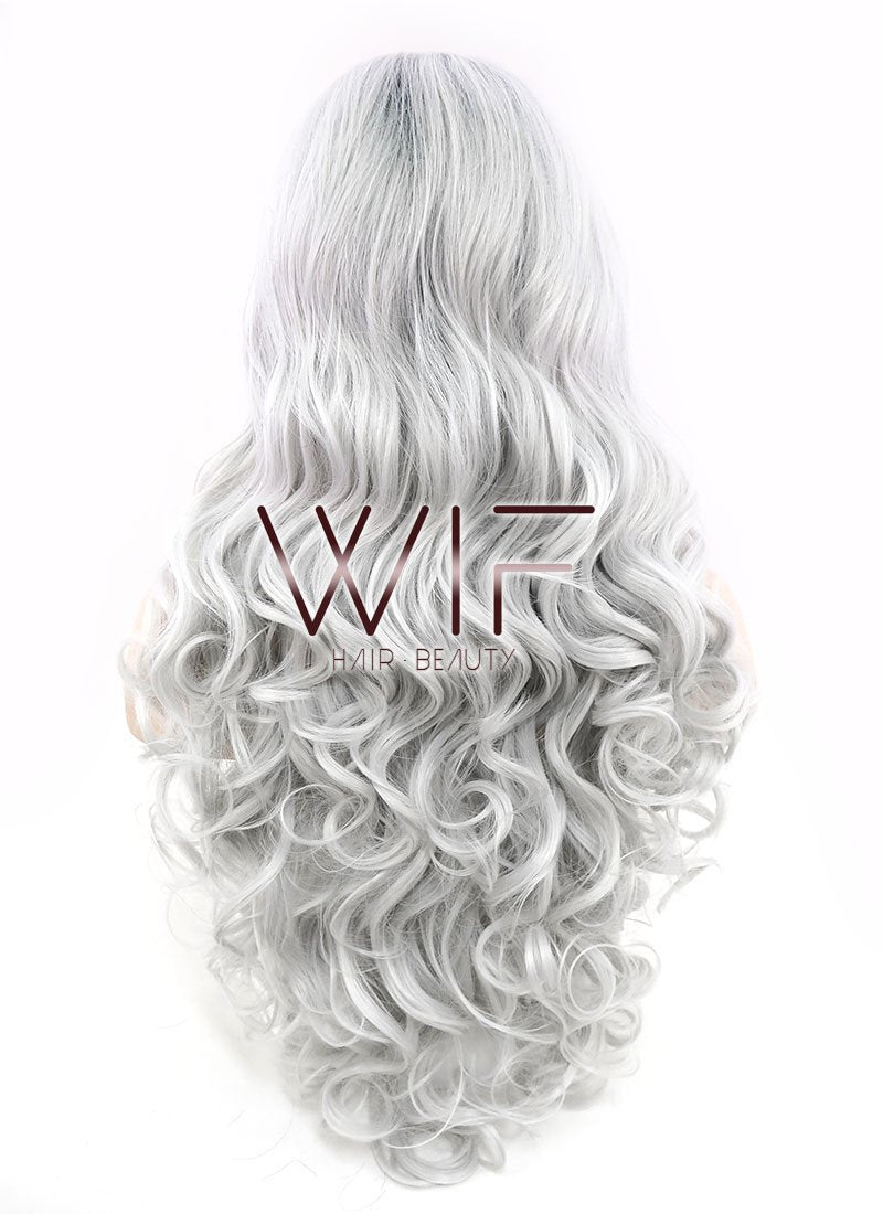 24" Long Curly Black Mixed Grey Ombre Customizable Made-To-Order Lace Front Synthetic Hair Wig LF734A