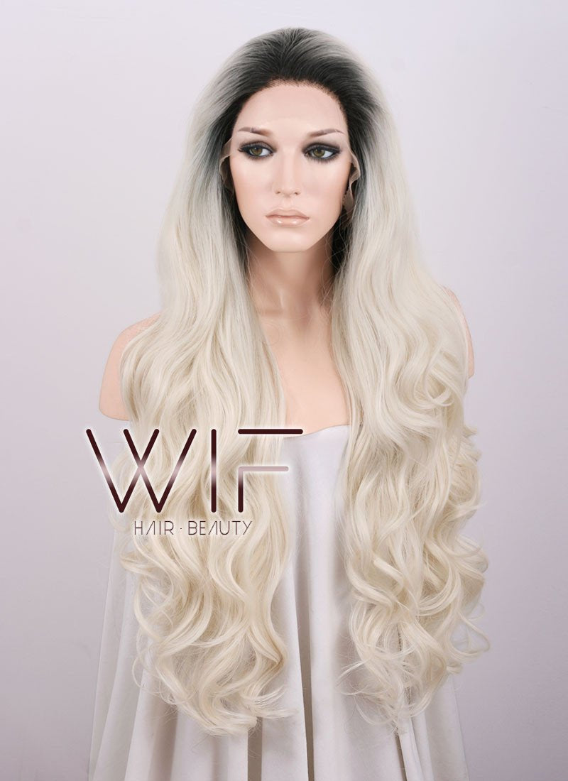 24" Long Curly Black Mixed Blonde Ombre Customizable Lace Front Synthetic Hair Wig LF734C