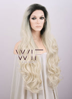 24" Long Curly Black Mixed Blonde Ombre Customizable Lace Front Synthetic Hair Wig LF734C