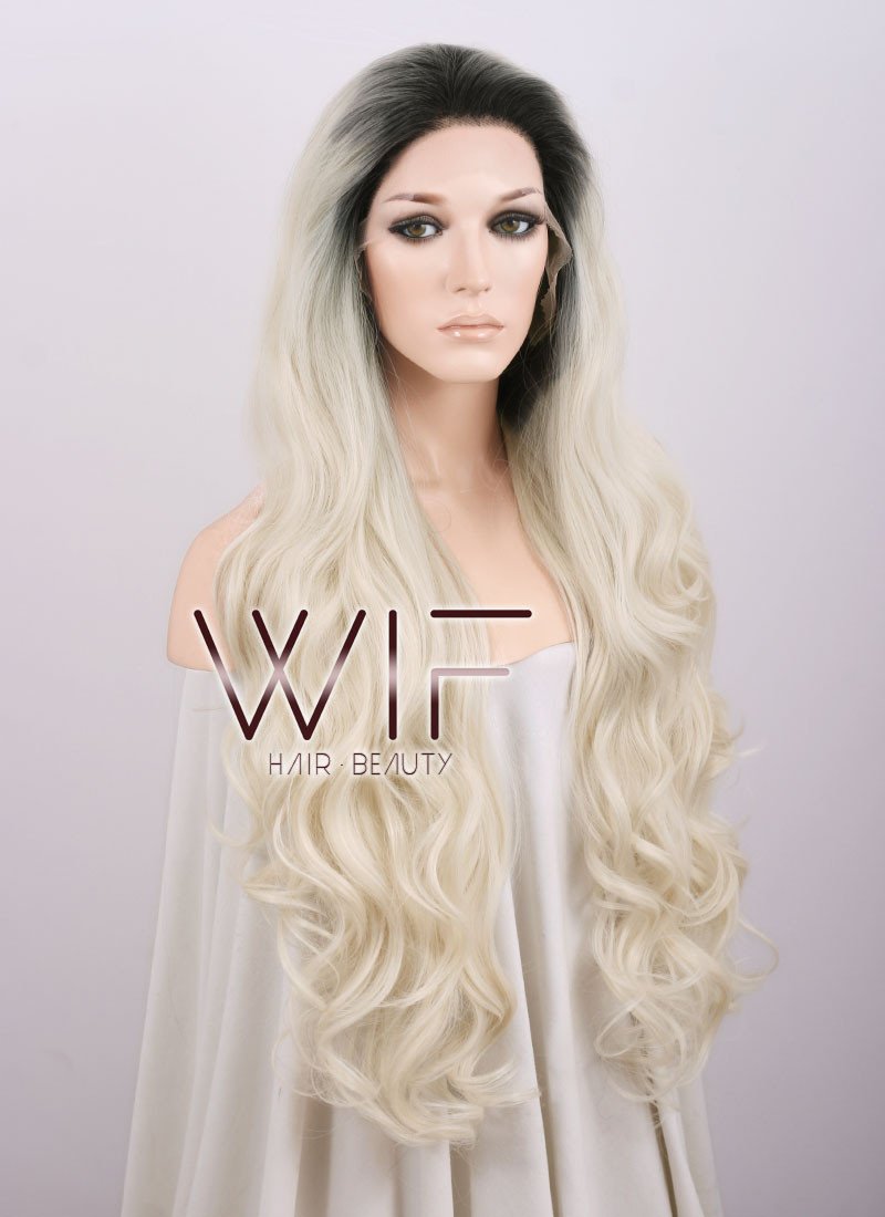 24" Long Curly Black Mixed Blonde Ombre Customizable Lace Front Synthetic Hair Wig LF734C