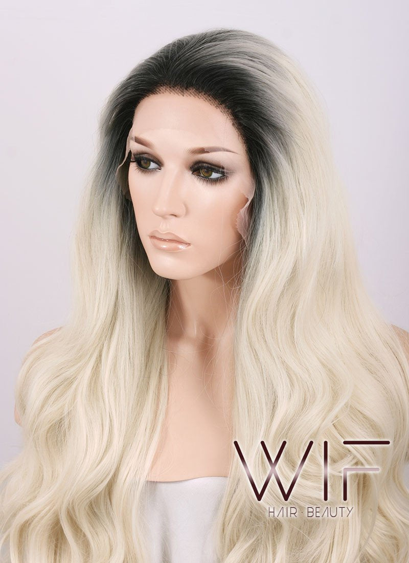 24" Long Curly Black Mixed Blonde Ombre Customizable Lace Front Synthetic Hair Wig LF734C