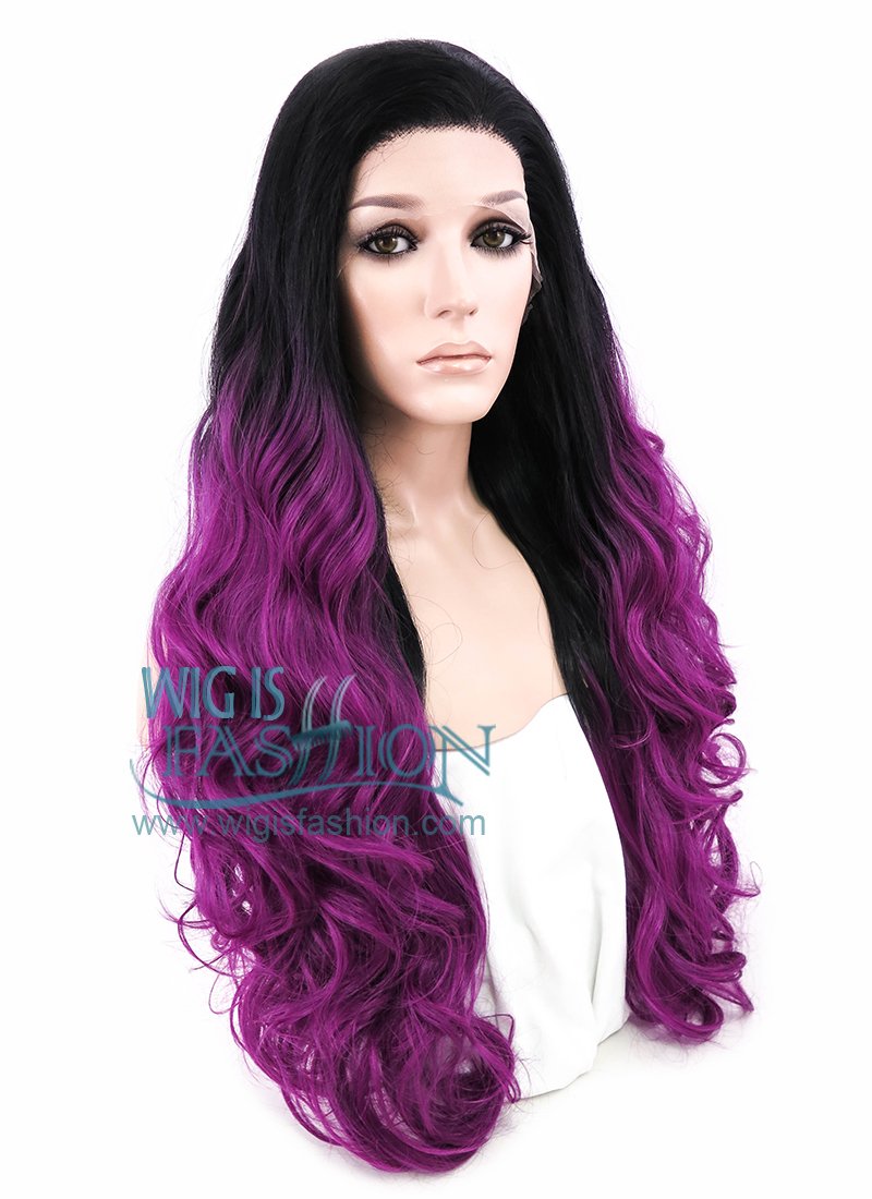 24" Wavy Black Reddish Purple Ombre Lace Front Synthetic Wig LF747