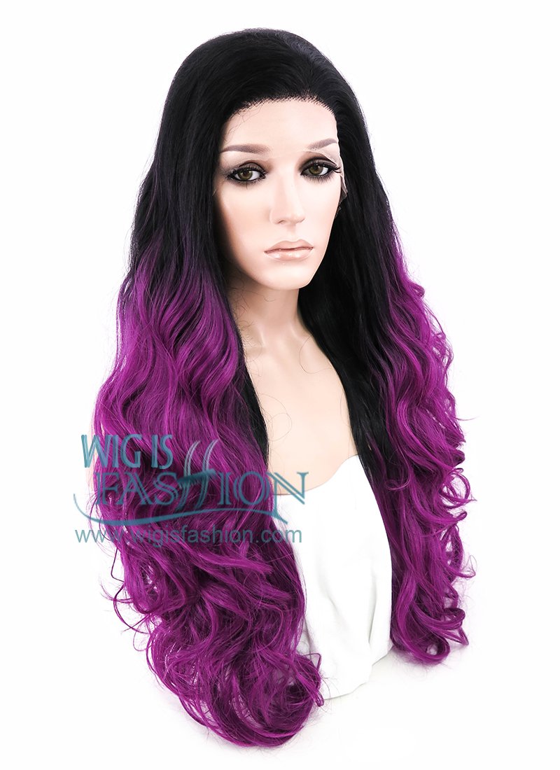 24" Wavy Black Reddish Purple Ombre Lace Front Synthetic Wig LF747