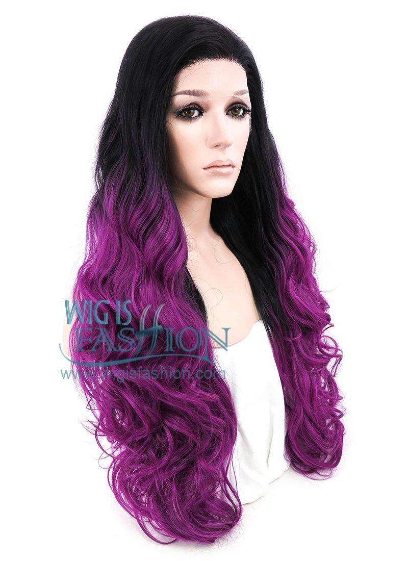 24" Wavy Black Reddish Purple Ombre Lace Front Synthetic Wig LF747