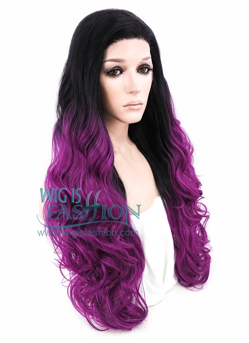 24" Wavy Black Reddish Purple Ombre Lace Front Synthetic Wig LF747