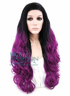 24" Wavy Black Reddish Purple Ombre Lace Front Synthetic Wig LF747