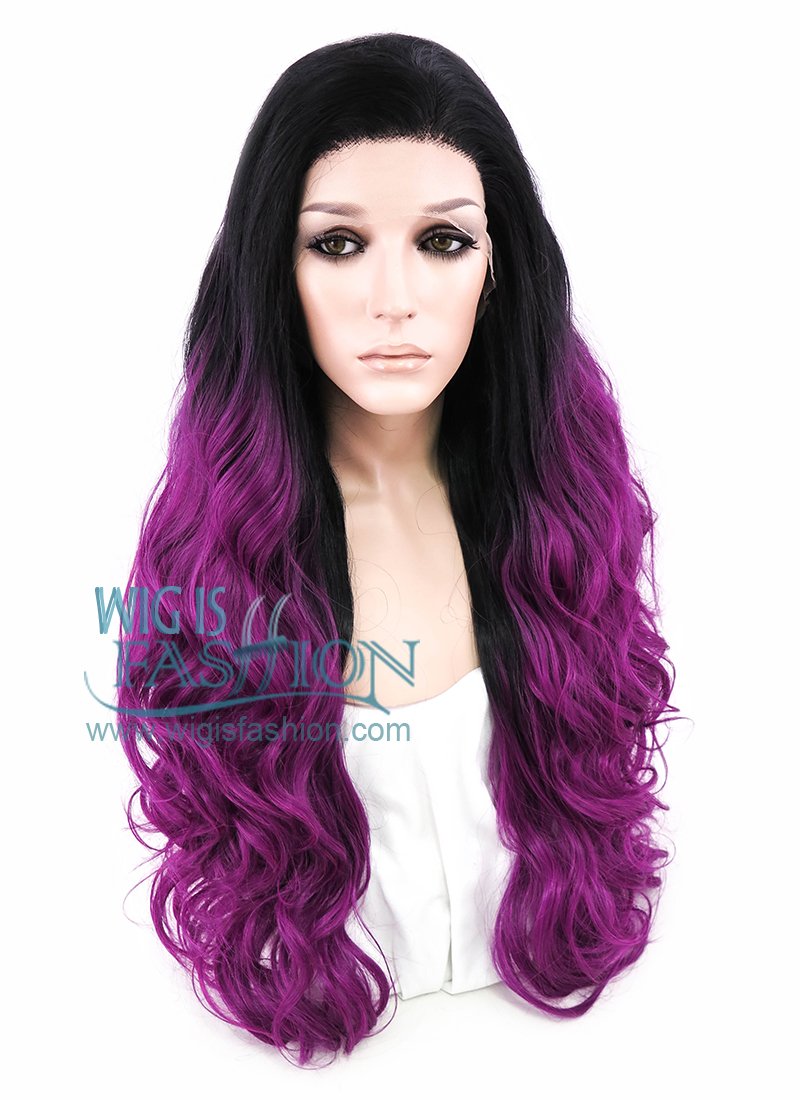 24" Wavy Black Reddish Purple Ombre Lace Front Synthetic Wig LF747