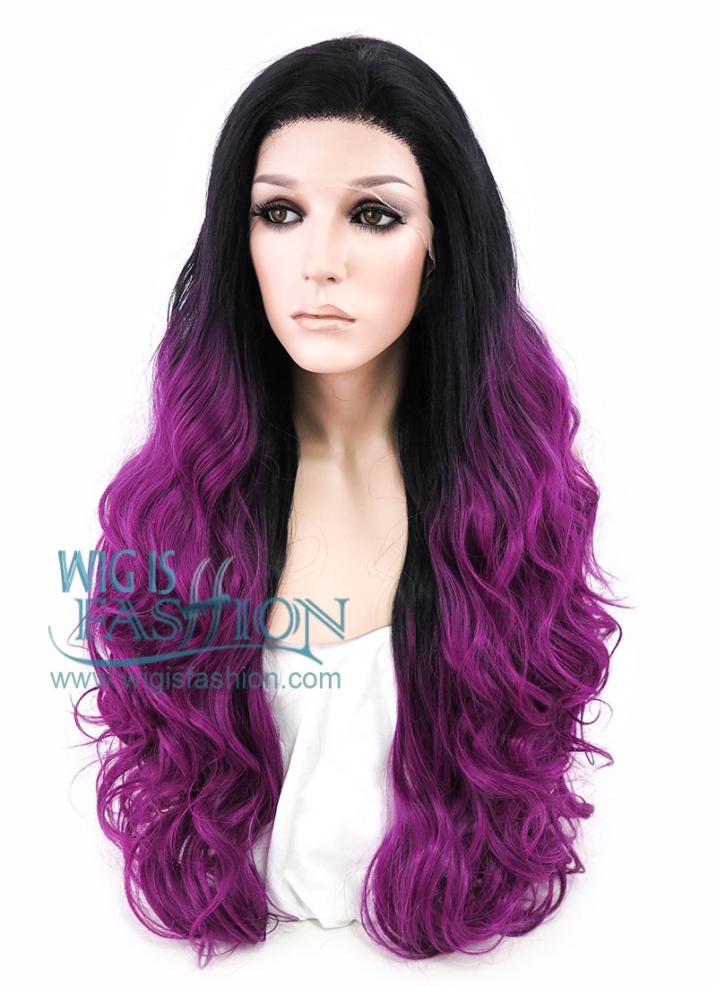 24" Wavy Black Reddish Purple Ombre Lace Front Synthetic Wig LF747