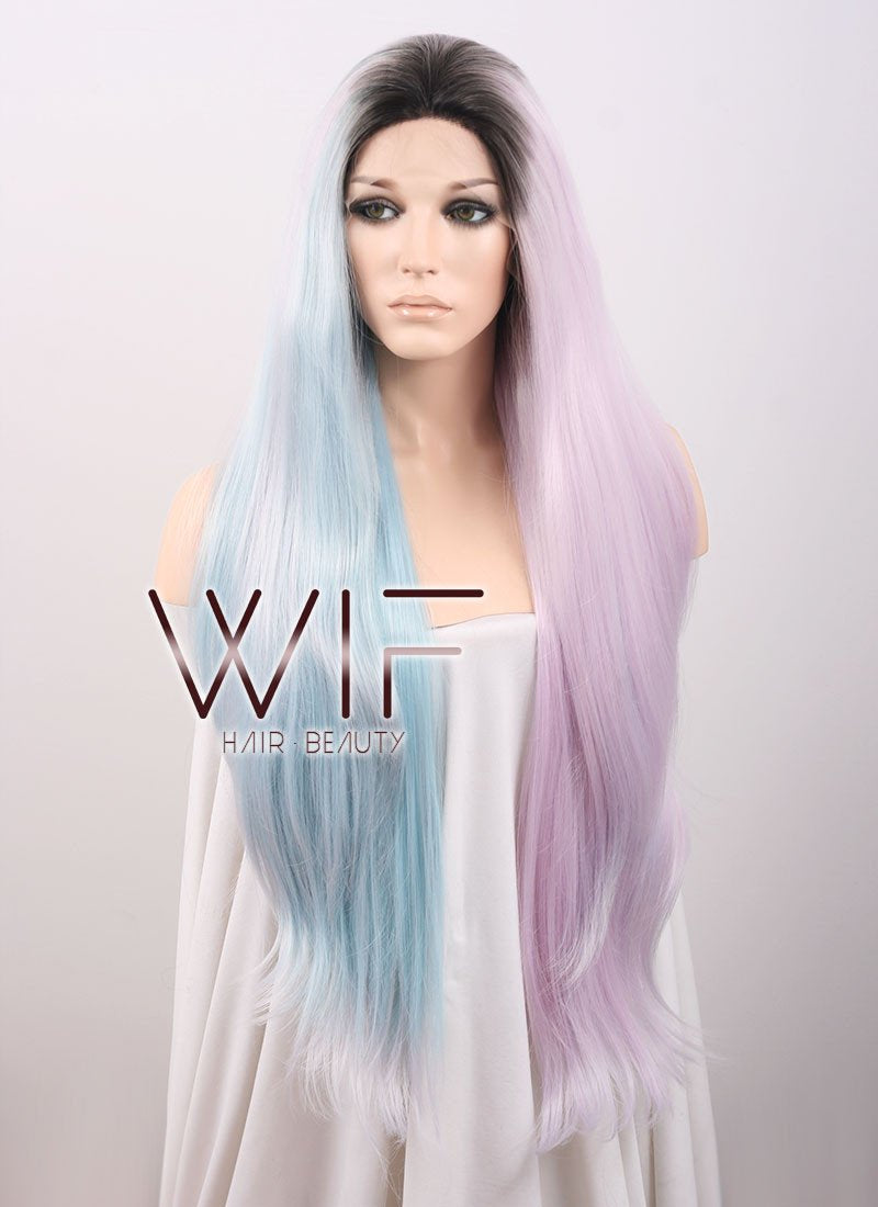 20" / 28" Long Wavy Black Light Blue Light Purple Ombre Customizable Lace Front Synthetic Hair Wig LF756