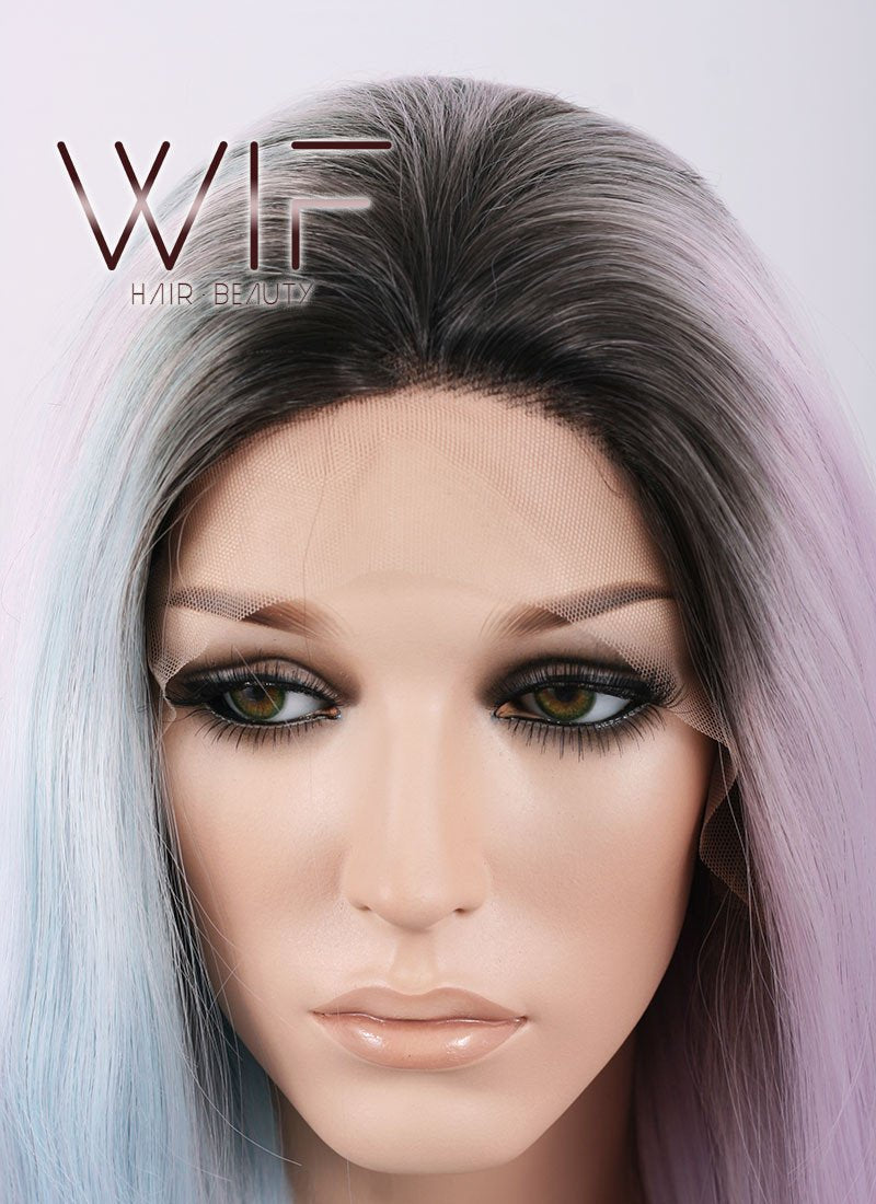 20" / 28" Long Wavy Black Light Blue Light Purple Ombre Customizable Lace Front Synthetic Hair Wig LF756