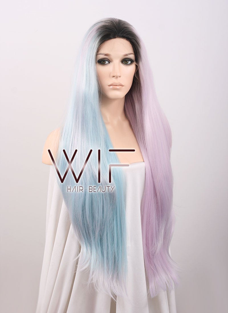 20" / 28" Long Wavy Black Light Blue Light Purple Ombre Customizable Lace Front Synthetic Hair Wig LF756