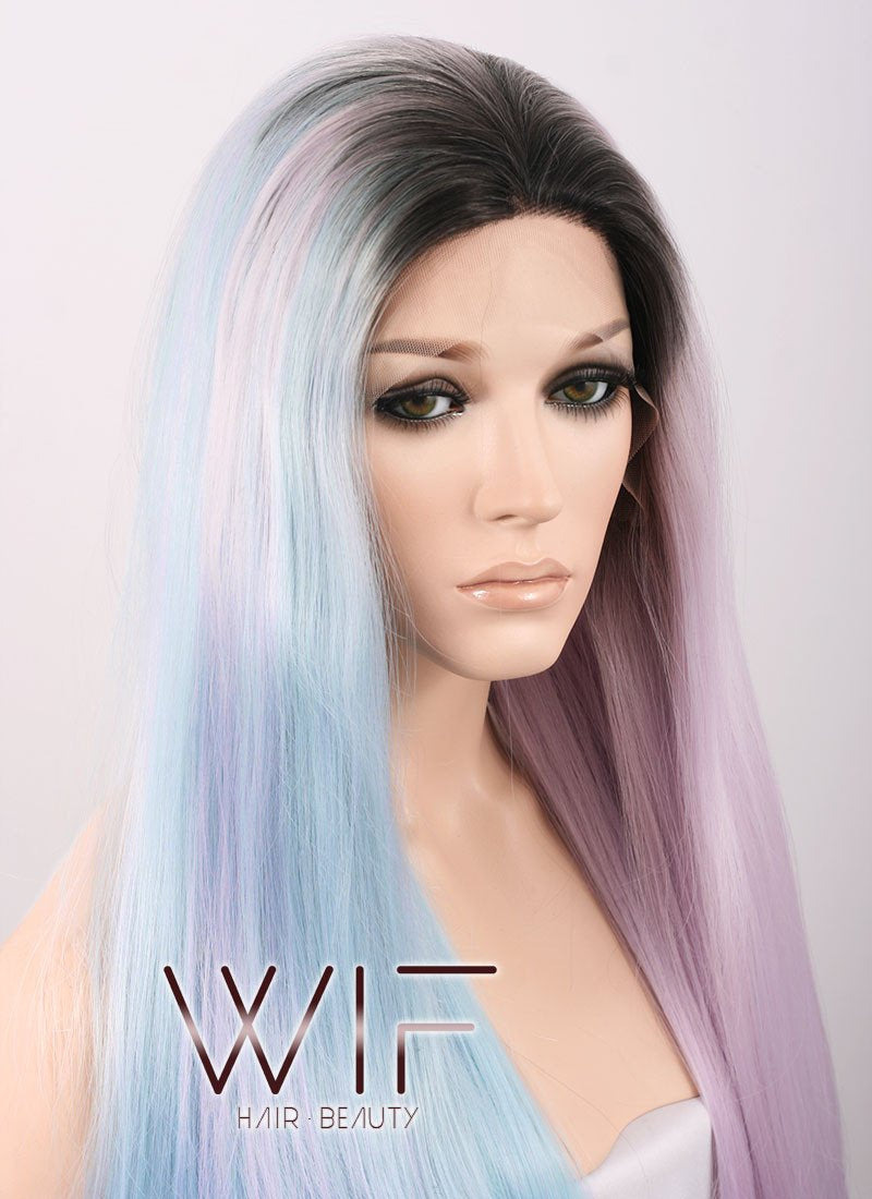 20" / 28" Long Wavy Black Light Blue Light Purple Ombre Customizable Lace Front Synthetic Hair Wig LF756