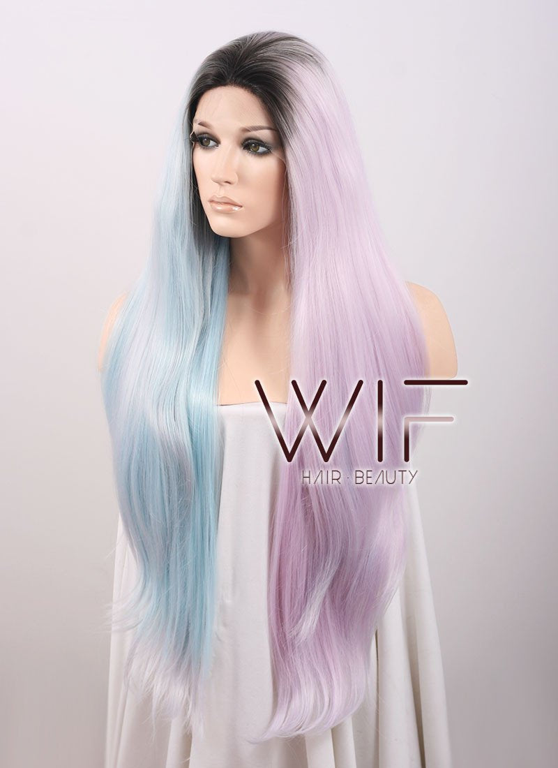20" / 28" Long Wavy Black Light Blue Light Purple Ombre Customizable Lace Front Synthetic Hair Wig LF756