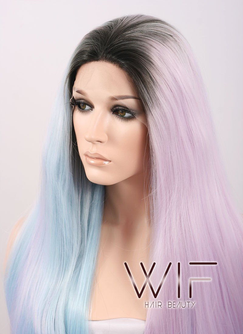 20" / 28" Long Wavy Black Light Blue Light Purple Ombre Customizable Lace Front Synthetic Hair Wig LF756