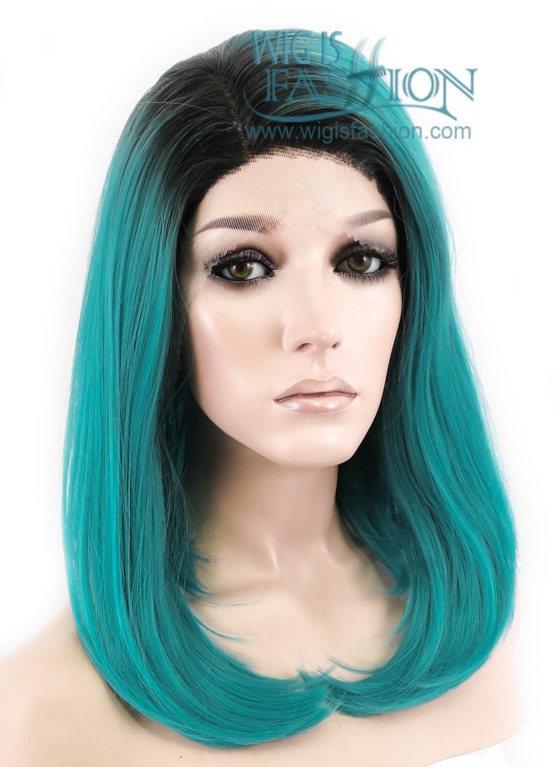 12" Straight Bluish Green With Dark Roots Lace Front Synthetic Wig LF757