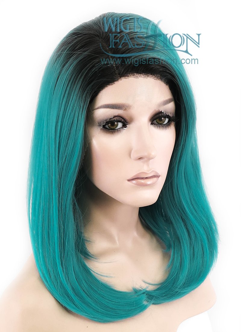 12" Straight Bluish Green With Dark Roots Lace Front Synthetic Wig LF757