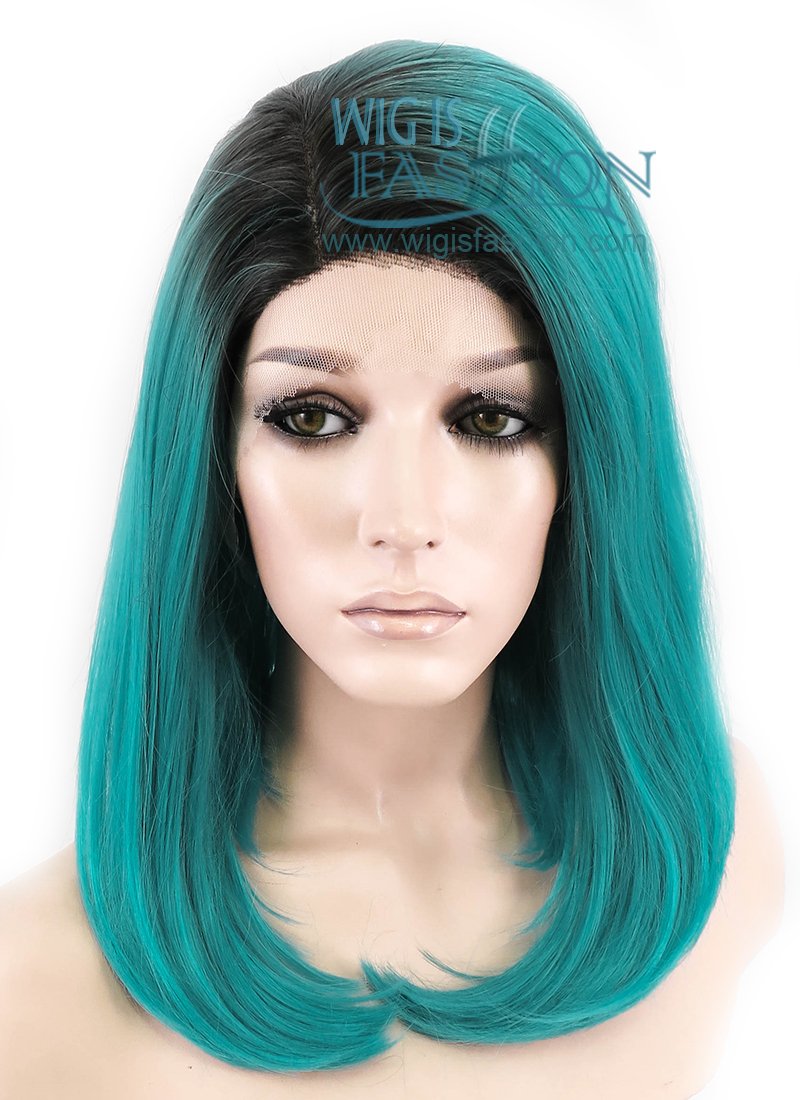 12" Straight Bluish Green With Dark Roots Lace Front Synthetic Wig LF757