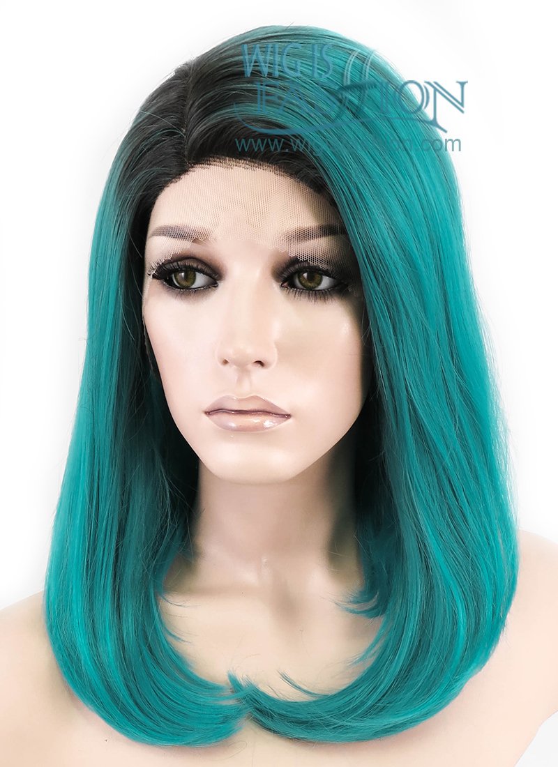 12" Straight Bluish Green With Dark Roots Lace Front Synthetic Wig LF757