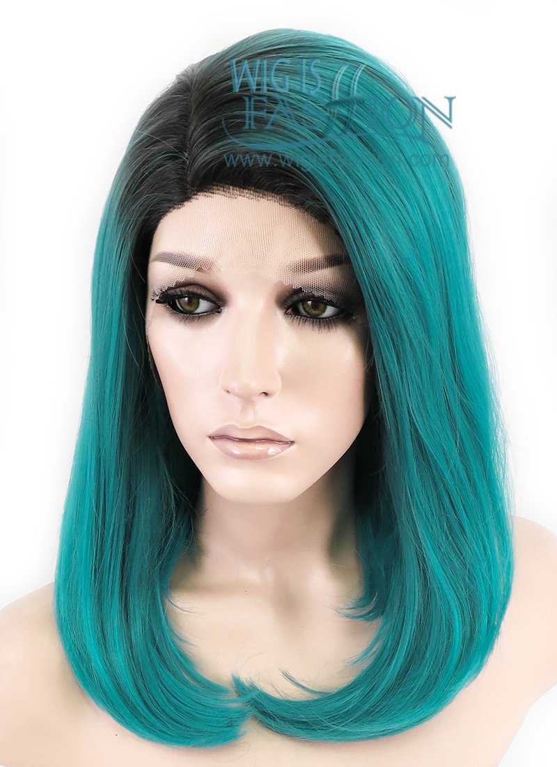 12" Straight Bluish Green With Dark Roots Lace Front Synthetic Wig LF757