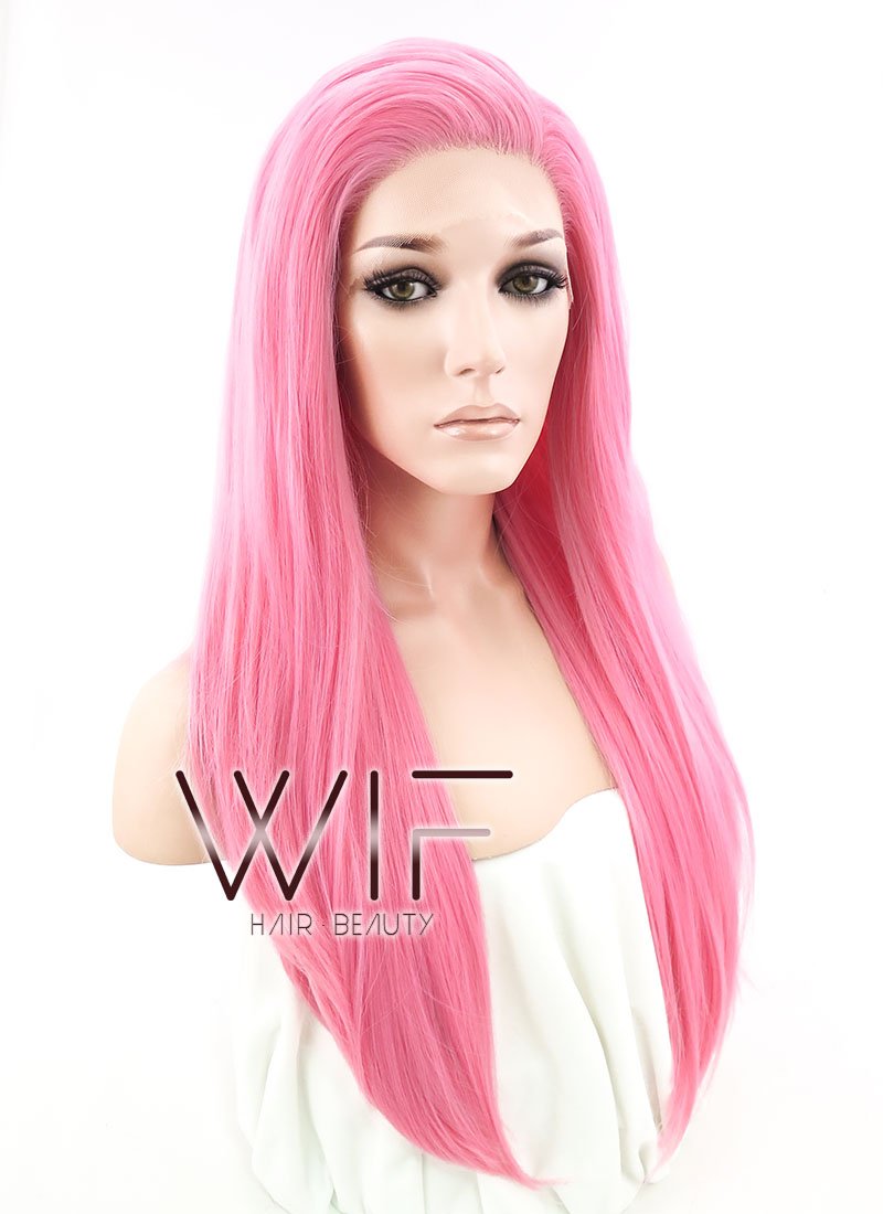 18" Long Straight Pink Customizable Made-To-Order Lace Front Synthetic Hair Wig LF769C