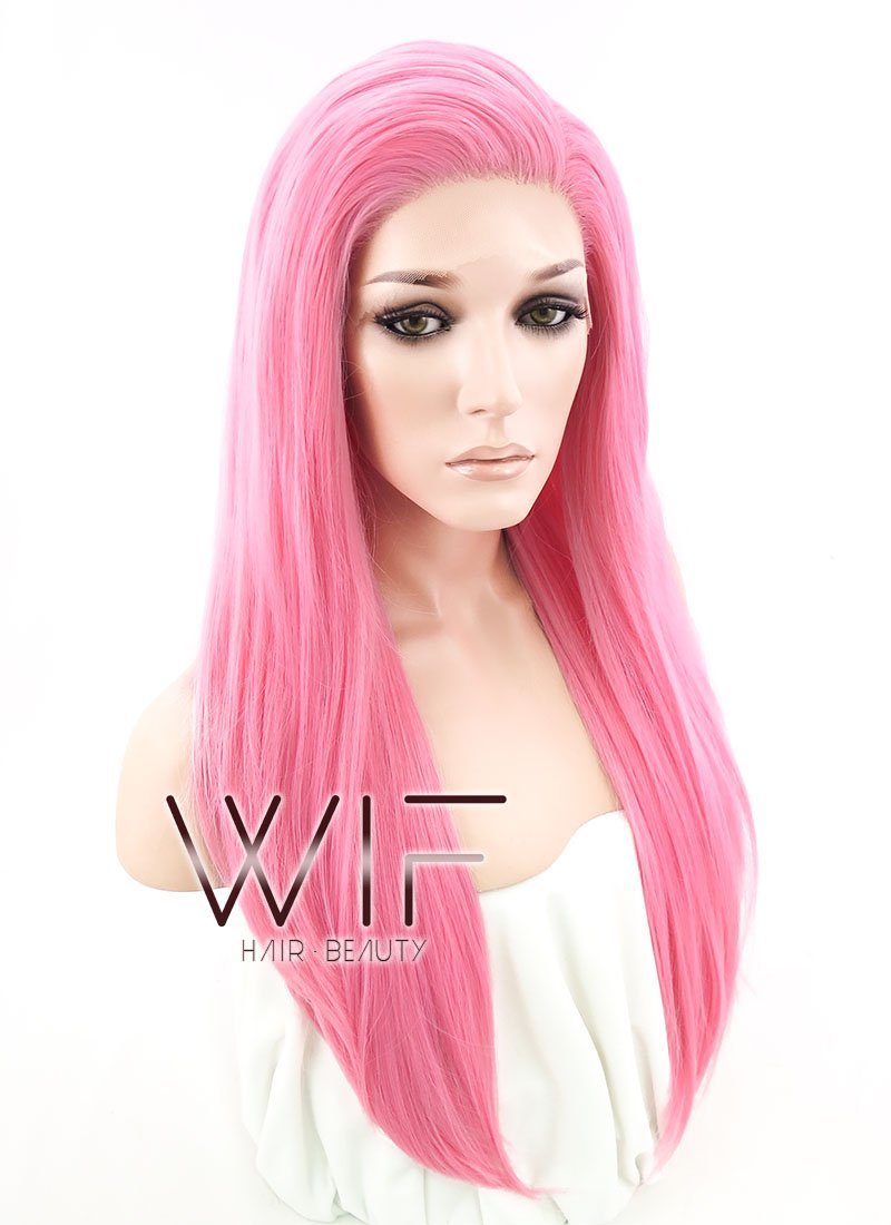 18" Long Straight Pink Customizable Made-To-Order Lace Front Synthetic Hair Wig LF769C