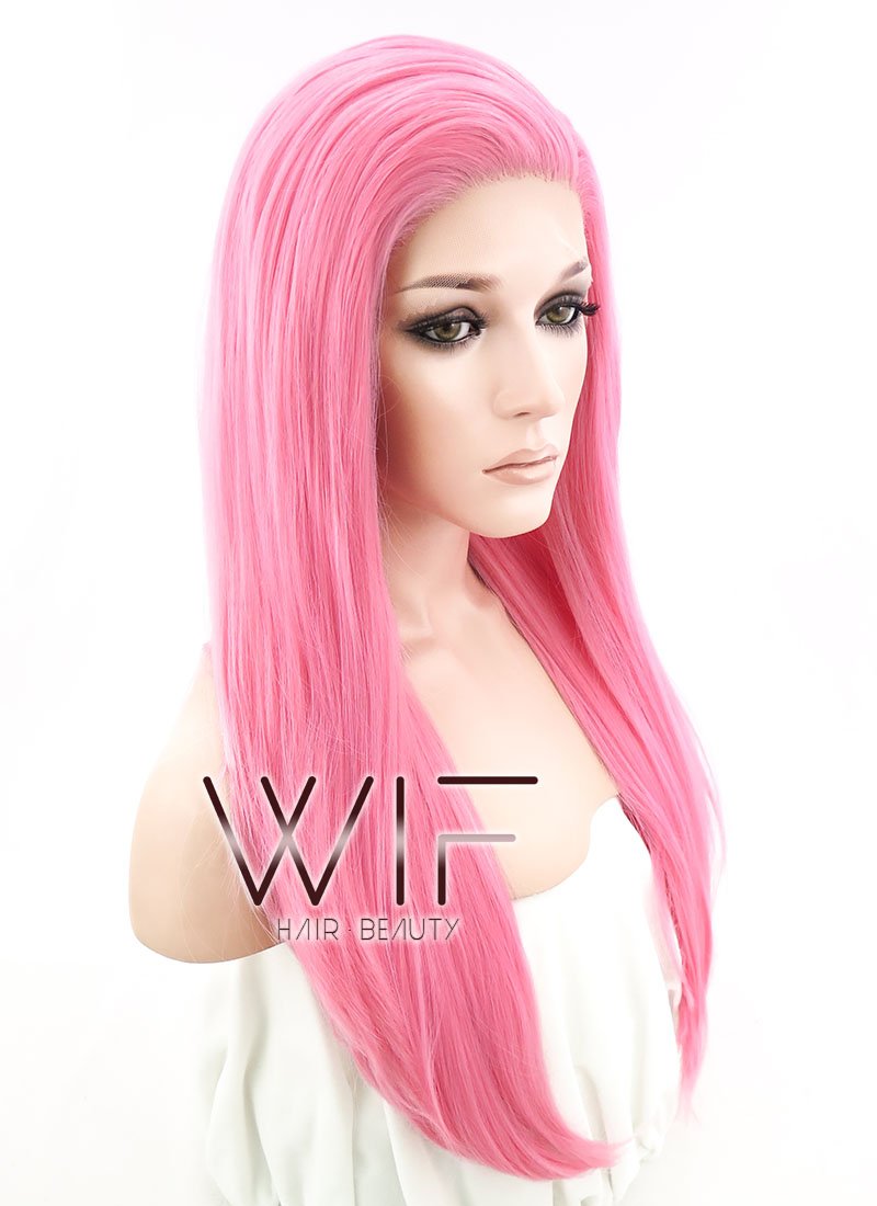 18" Long Straight Pink Customizable Made-To-Order Lace Front Synthetic Hair Wig LF769C