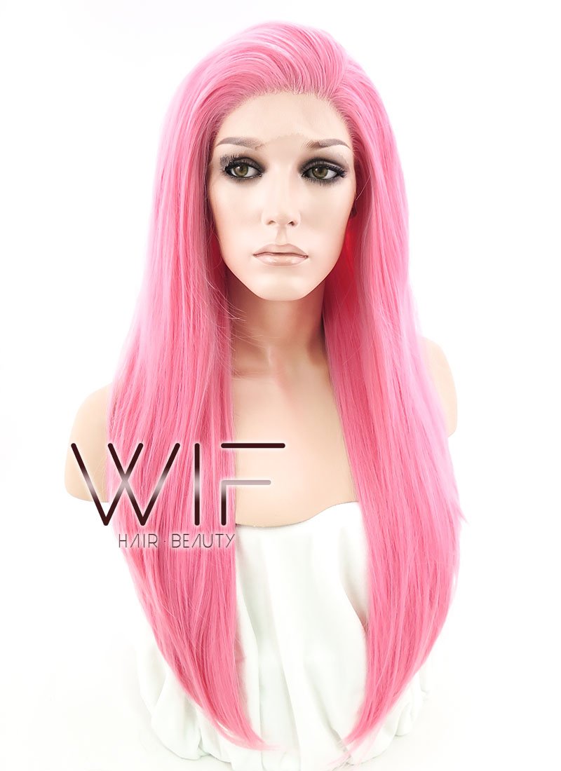 18" Long Straight Pink Customizable Made-To-Order Lace Front Synthetic Hair Wig LF769C