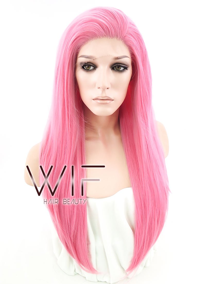 18" Long Straight Pink Customizable Made-To-Order Lace Front Synthetic Hair Wig LF769C