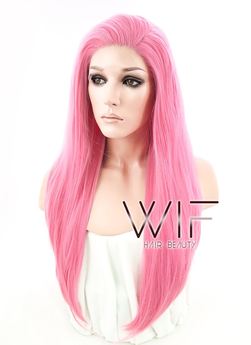 18" Long Straight Pink Customizable Made-To-Order Lace Front Synthetic Hair Wig LF769C