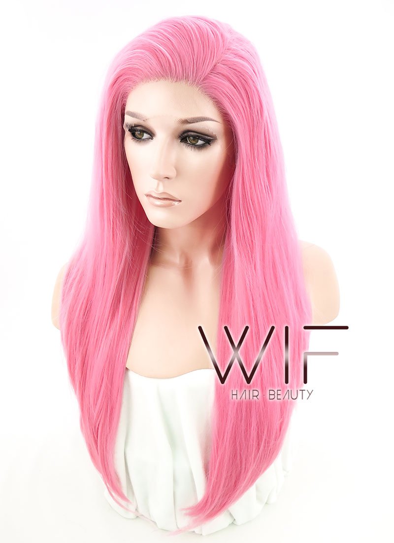18" Long Straight Pink Customizable Made-To-Order Lace Front Synthetic Hair Wig LF769C
