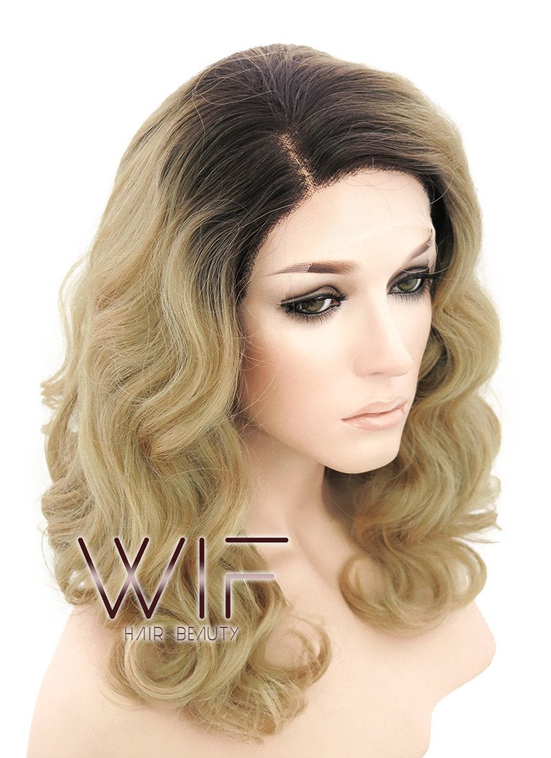 14" Medium Curly Wavy Brown Mixed Medium Blonde Customizable Lace Front Synthetic Hair Wig LF771G