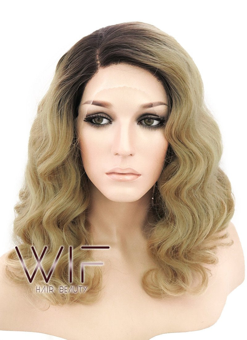 14" Medium Curly Wavy Brown Mixed Medium Blonde Customizable Lace Front Synthetic Hair Wig LF771G