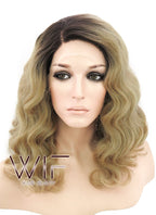 14" Medium Curly Wavy Brown Mixed Medium Blonde Customizable Lace Front Synthetic Hair Wig LF771G