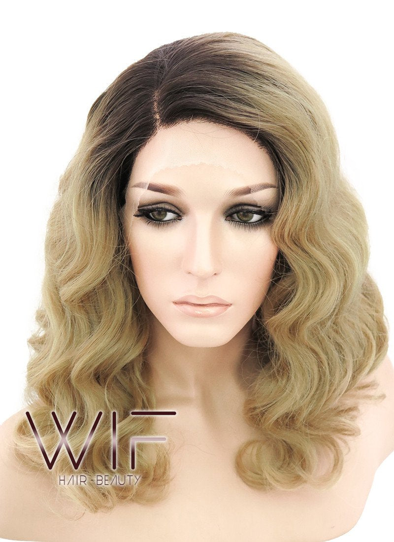 14" Medium Curly Wavy Brown Mixed Medium Blonde Customizable Lace Front Synthetic Hair Wig LF771G