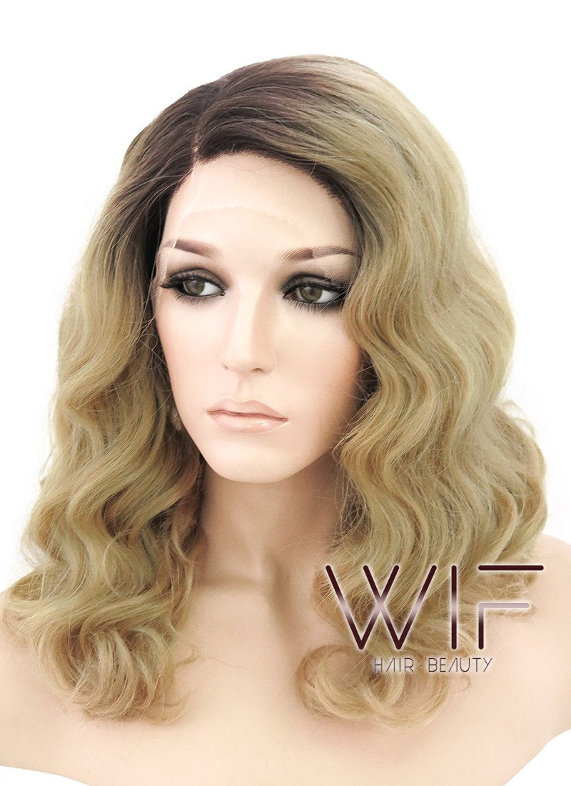 14" Medium Curly Wavy Brown Mixed Medium Blonde Customizable Lace Front Synthetic Hair Wig LF771G