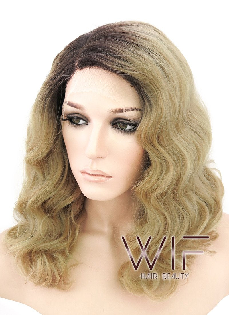 14" Medium Curly Wavy Brown Mixed Medium Blonde Customizable Lace Front Synthetic Hair Wig LF771G