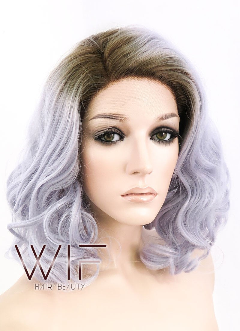 14" Medium Curly Dark Brown Mixed Light Purple Ombre Customizable Lace Front Synthetic Hair Wig LF771K