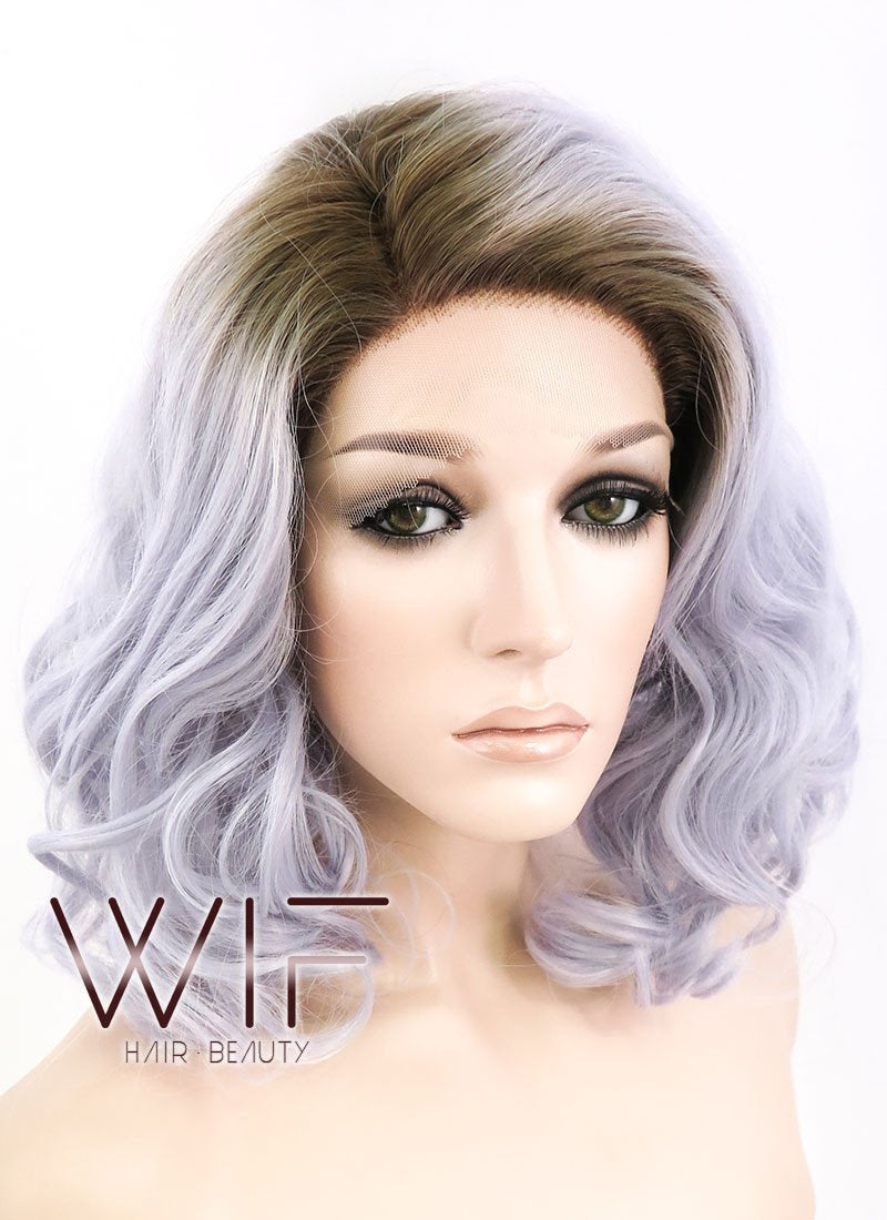 14" Medium Curly Dark Brown Mixed Light Purple Ombre Customizable Lace Front Synthetic Hair Wig LF771K