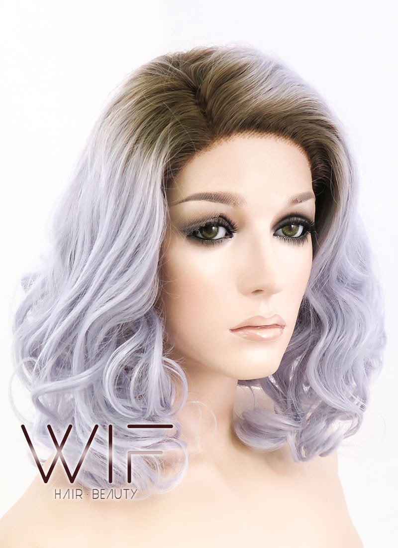 14" Medium Curly Dark Brown Mixed Light Purple Ombre Customizable Lace Front Synthetic Hair Wig LF771K