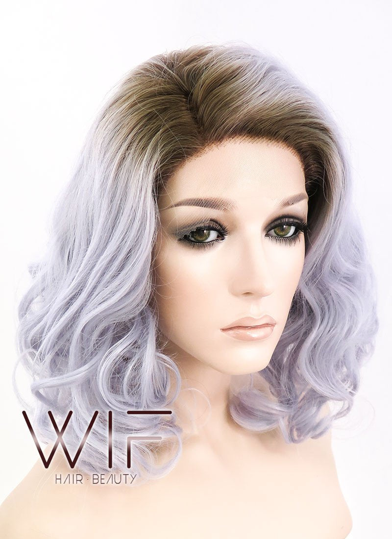 14" Medium Curly Dark Brown Mixed Light Purple Ombre Customizable Lace Front Synthetic Hair Wig LF771K