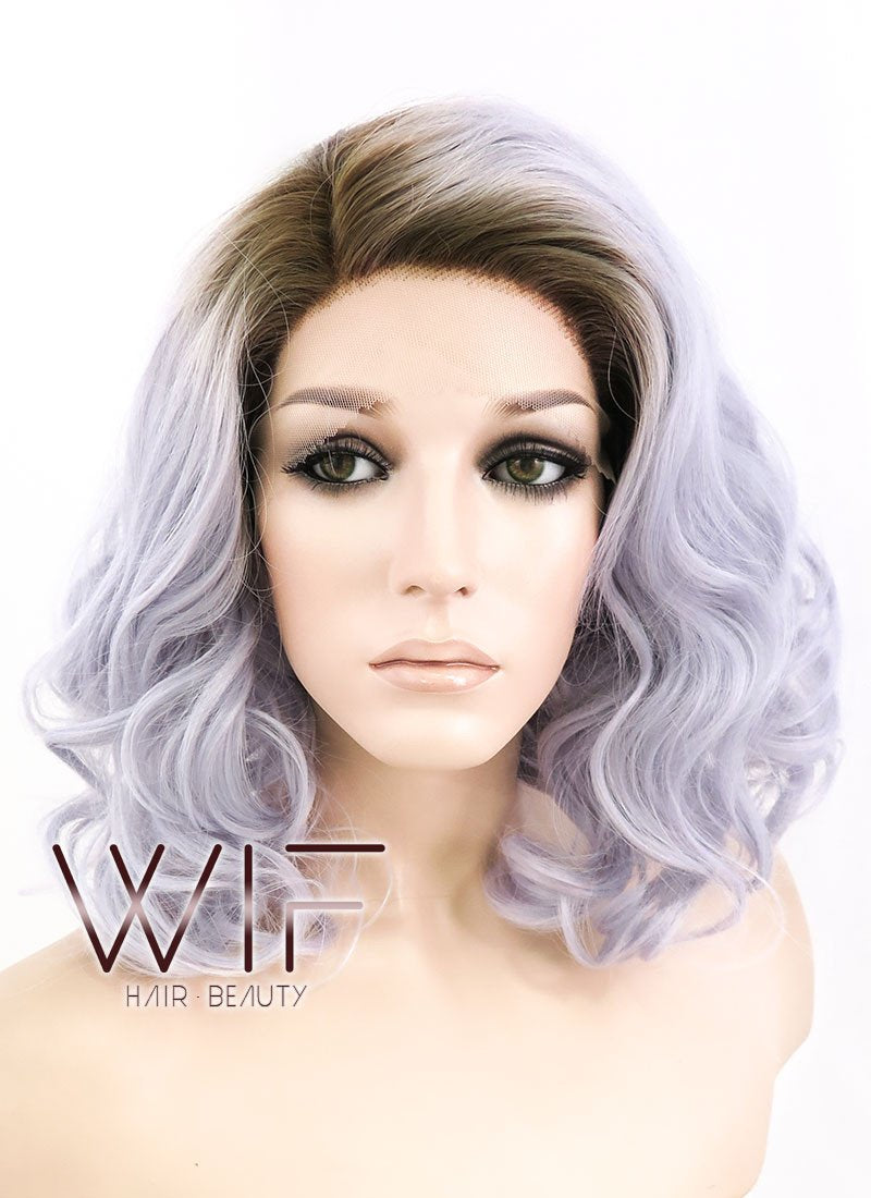 14" Medium Curly Dark Brown Mixed Light Purple Ombre Customizable Lace Front Synthetic Hair Wig LF771K