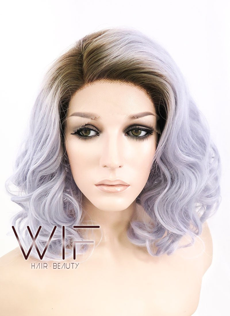 14" Medium Curly Dark Brown Mixed Light Purple Ombre Customizable Lace Front Synthetic Hair Wig LF771K